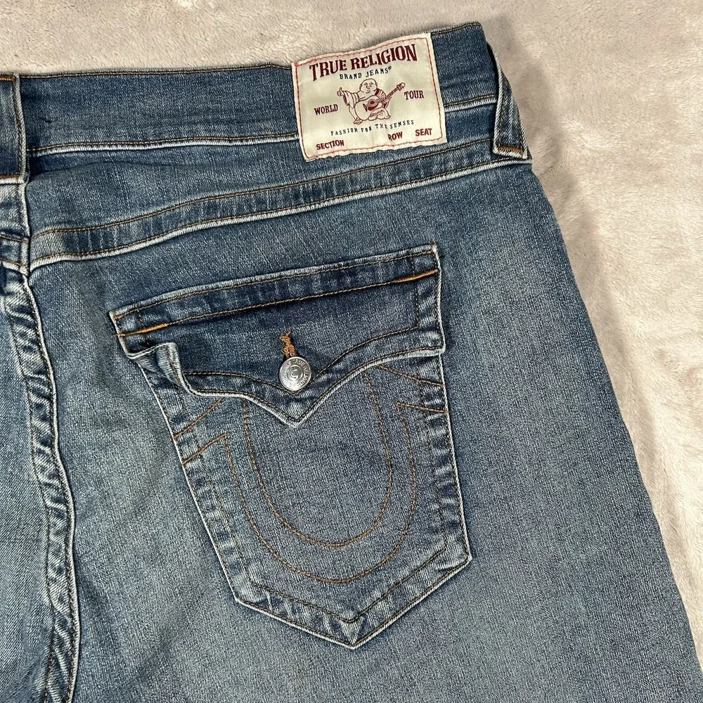 True Religion Ricky Jean Shorts Mens 42 Blue Frayed Hem Flap Pocket Jorts Y2K